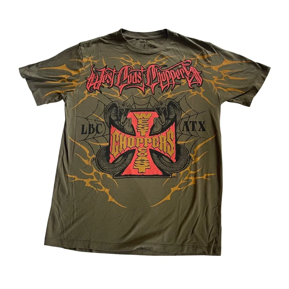 West Coast Choppers Mens Graphic T-Shirt Olive Green Iron Cross Cobra LBC ATX L